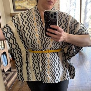 Women’s Black & Cream Geometric Poncho Top with Yellow Accents